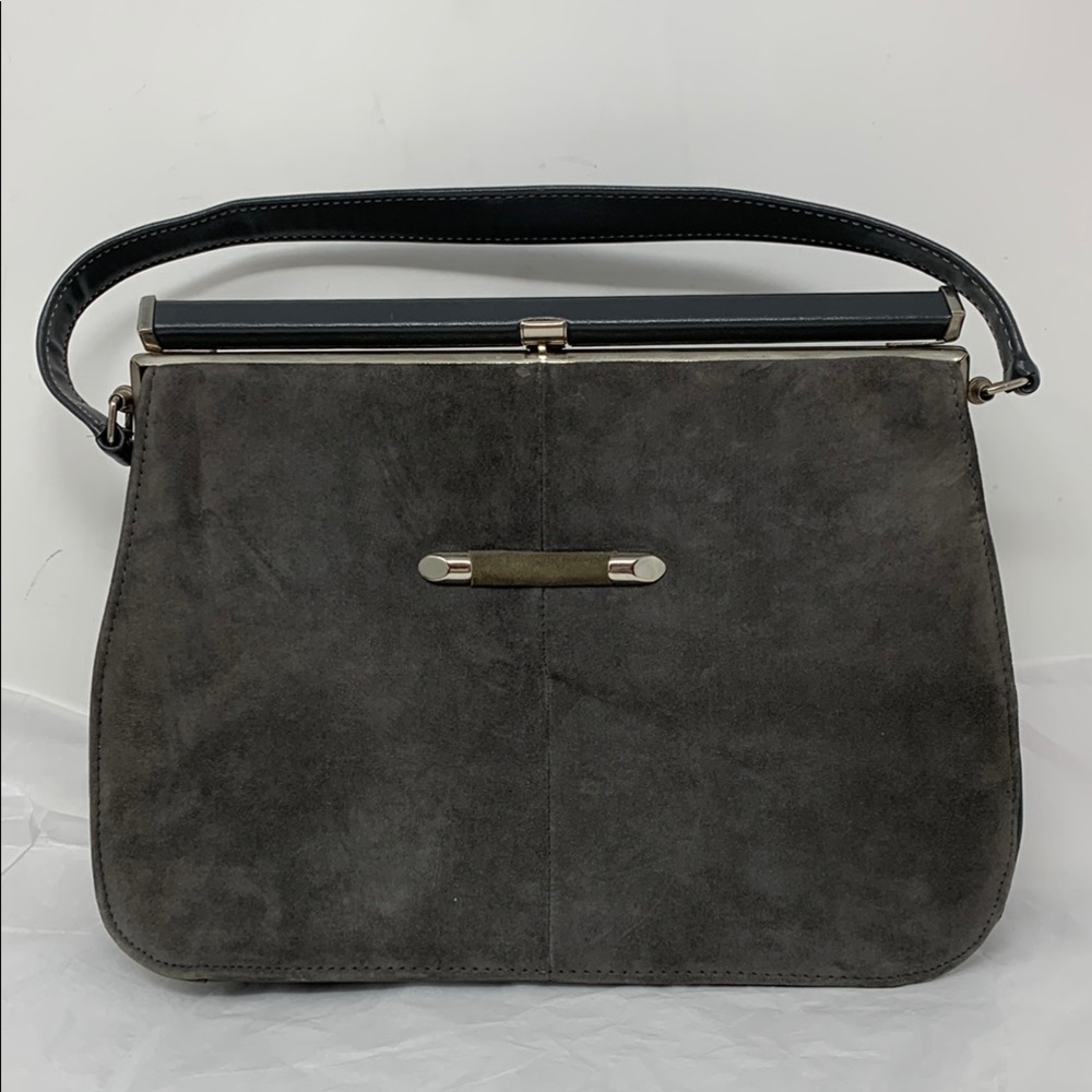 Vintage 1950s 1960s Frame Top Handle Handbag Grey Simulated Leather Retro Purse